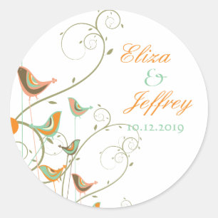 Whimsical Summer Birds Wirbel Niedlich Hochzeitsti Runder Aufkleber