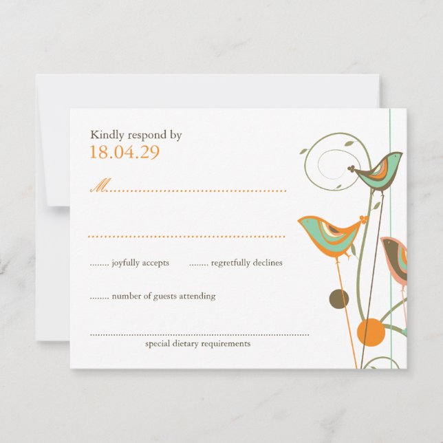 Whimsical Summer Birds & Wirbel Wedding RSVP Card Karte (Vorderseite)