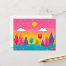 Whimsical Sunset Forest Postcard