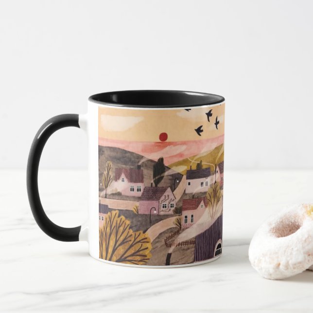 Whimsical Sunset Village Tasse (Mit Donut)