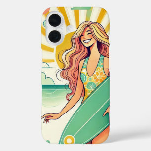Whimsical Surfer Girl mit Surfbrett iPhone 16 Hülle