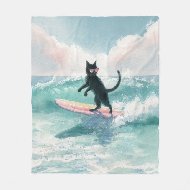 Whimsical Surfing Black Cat Beach Blanket Fleecedecke (Vorderseite)