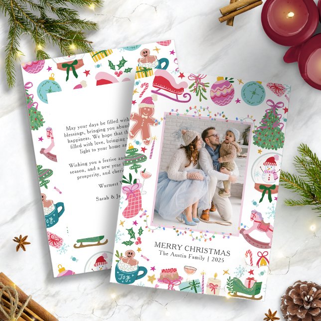 Whimsical süße bunte Weihnachten (Joyful Holiday Invitation with Whimsical Christmas Icons and Festive Photo Design by Painted Paperie)