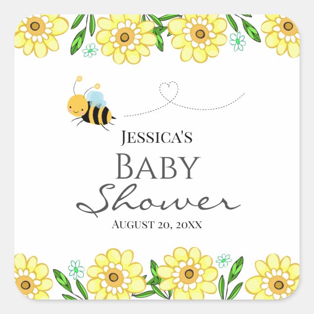 Whimsical Sweet Honey Bee Baby Dusche Quadratischer Aufkleber (Vorderseite)