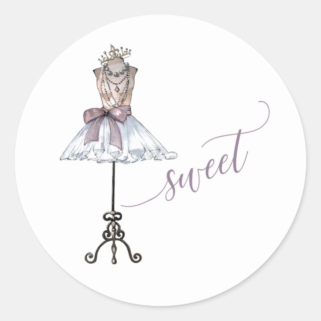 Whimsical "Sweet" Mannequin mit Tutu Runder Aufkleber (Vorderseite)