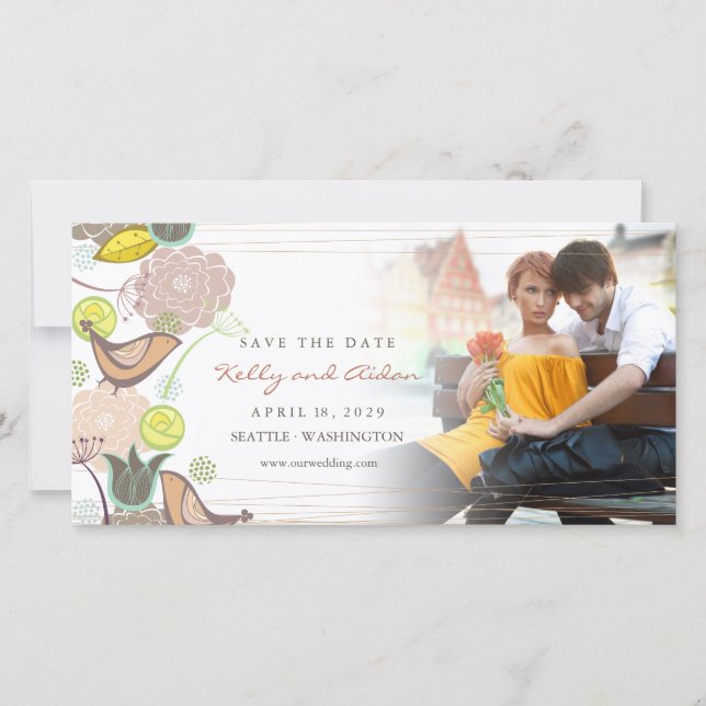 Whimsical Sweet Pink Bird Chic Floral Garden Foto Save The Date (Vorderseite)