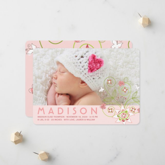 Whimsical Sweet Pink Blooms Baby Girl Foto Birth Ankündigung (Vorderseite/Rückseite Beispiel)