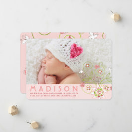 Whimsical Sweet Pink Blooms Baby Girl Foto Birth Ankündigung