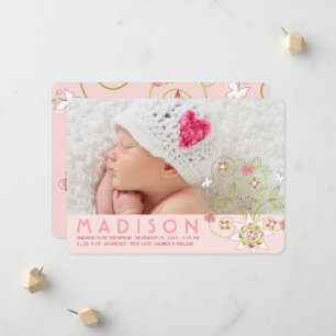 Whimsical Sweet Pink Blooms Baby Girl Foto Birth Ankündigung