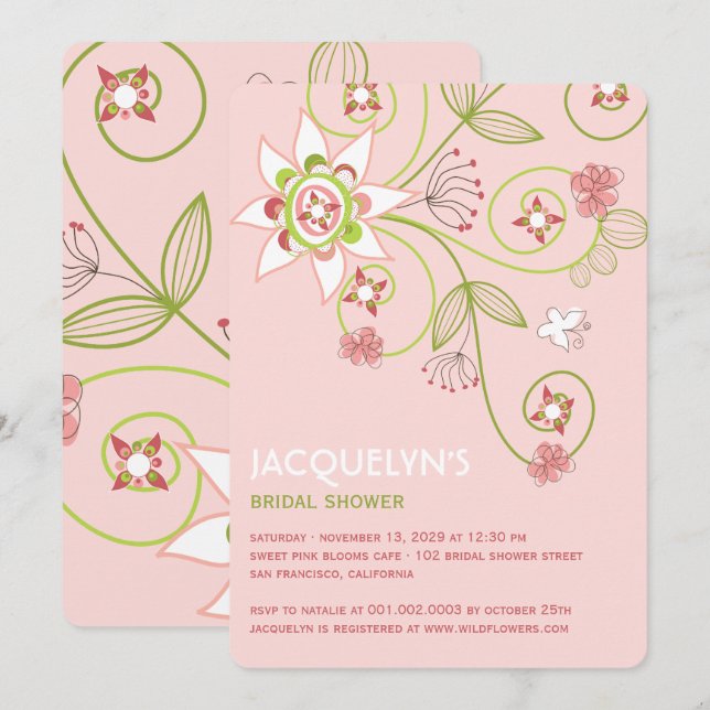 Whimsical Sweet Pink Blooms Brautparty laden Einladung (Vorne/Hinten)