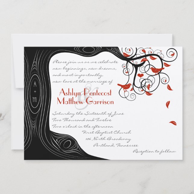 Whimsical Swirl Black & Red Birds in einem Baum Einladung (Vorderseite)
