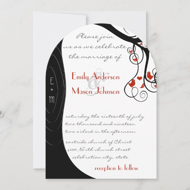 Whimsical Swirl Black & Red Birds in einem Baum Einladung (Vorderseite)