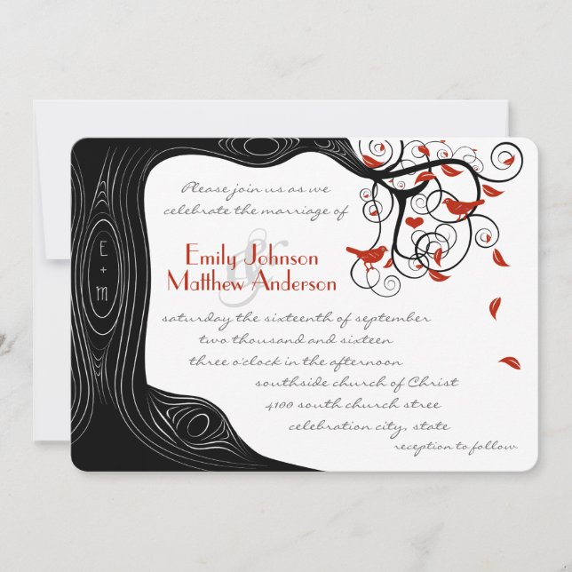 Whimsical Swirl Red Birds in Black Wood Grain Tree Einladung (Vorderseite)