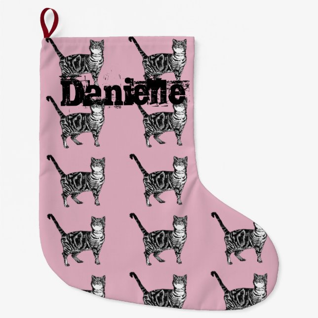 Whimsical Tabby Cat Katzen Kunst Weihnachten Strum Großer Weihnachtsstrumpf (Vorderseite)