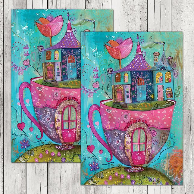 WHIMSICAL TEA CUP HOUSE DECOUPAITE SEIDENPAPIER (WHIMSICAL TEA CUP HOUSE DECOUPAGE TISSUE PAPER)