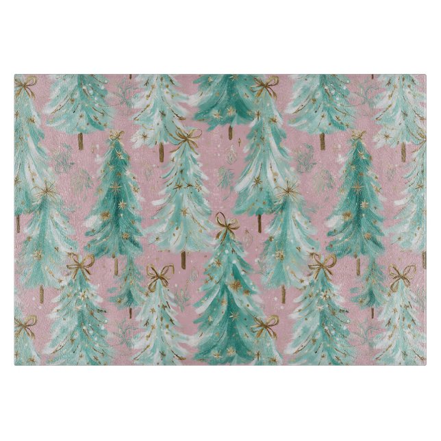 Whimsical Teal Christmas Trees on Pink  Schneidebrett (Vorderseite)