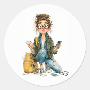 Whimsical Tech-Overload Girl Chaos Runder Aufkleber
