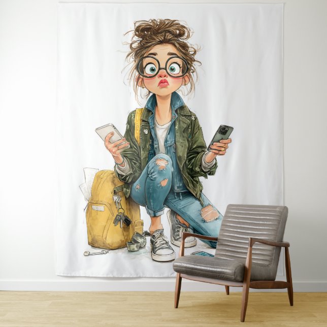 Whimsical Tech-Overload Girl Chaos Wandteppich (Beispiel)