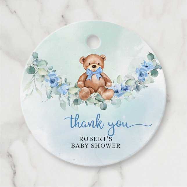 Whimsical Teddy Bär dusty blue floral eucalyptus Geschenkanhänger (Vorderseite)