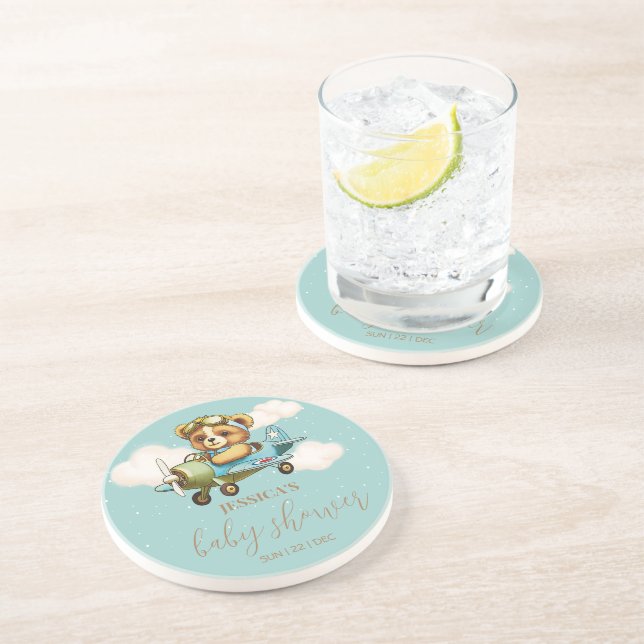 Whimsical Teddy Bear Baby Airplane Babydusche Getränkeuntersetzer (Seite)
