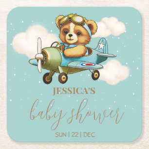 Whimsical Teddy Bear Pilot Flugzeug Babydusche Rechteckiger Pappuntersetzer