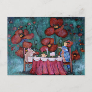 Whimsical Tee Party Mouse and Bird Postkarte