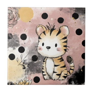 Whimsical Tiger Floral Wasserfarben Kunst Fliese
