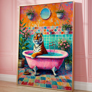 Whimsical Tiger in Pink Bathtub Boho Badezimmer Ku Poster