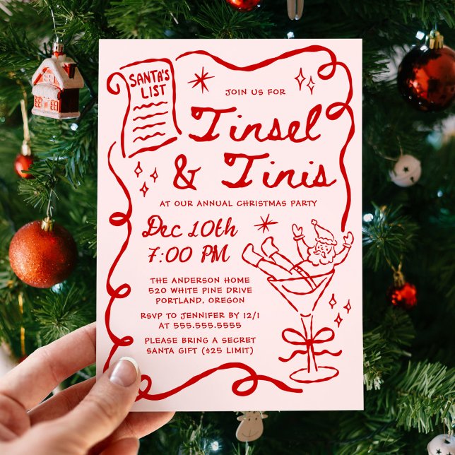 Whimsical Tinsel and Tinis Christmas Party Einladung (Von Creator hochgeladen)