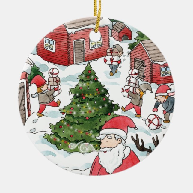 Whimsical Tomten Christmas Gnome Watercolor Keramik Ornament (Vorne)