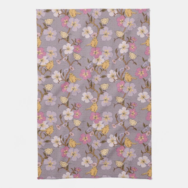 Whimsical Trailing Florals and Birds - Lavendel Geschirrtuch (Vertikal)