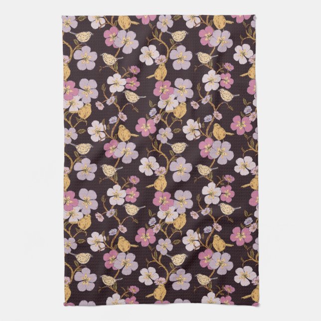 Whimsical Trailing Florals und Birnen - Schwarz/Ro Geschirrtuch (Vertikal)