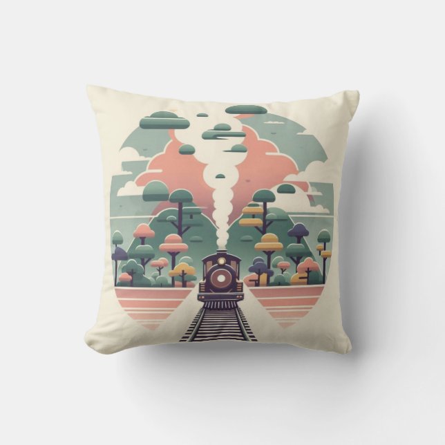 Whimsical Train Journey: Landschaft im Retro-Stil Kissen (Vorderseite)