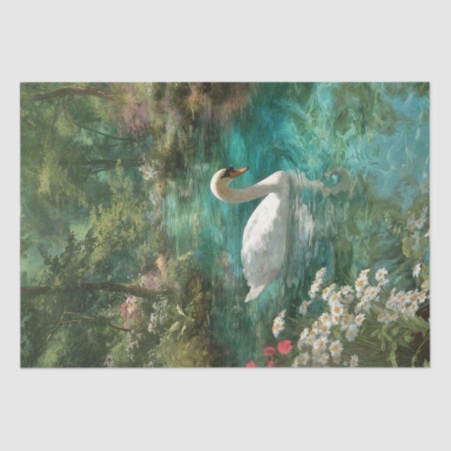 Whimsical Tranquil Swan on Forest Stream Seidenpapier (Vorderseite)