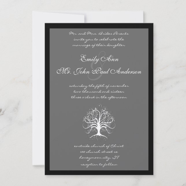 Whimsical Tree Black Borders Wedite Invite Einladung (Vorderseite)