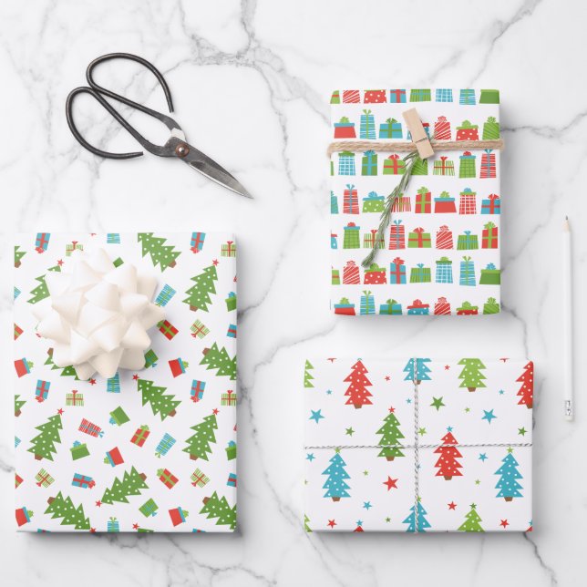 Whimsical Tree & Geschenke Weihnachtsmuster Geschenkpapier Set (Vorderseite)
