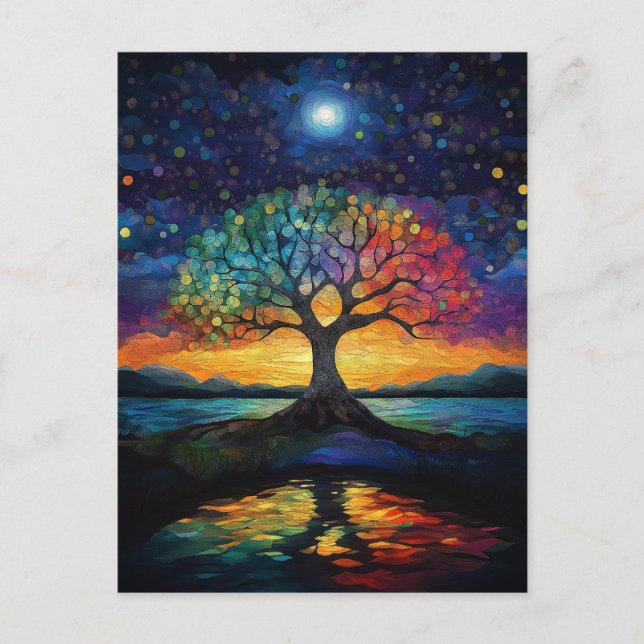 Whimsical Tree of Life Abstrakt Blue Rainbow Postkarte (Vorderseite)