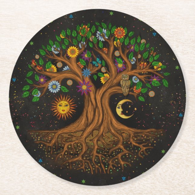 Whimsical Tree of Life - Yggdrasil Runder Pappuntersetzer (Vorderseite)