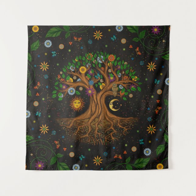 Whimsical Tree of Life - Yggdrasil Wandteppich (Vorderseite)