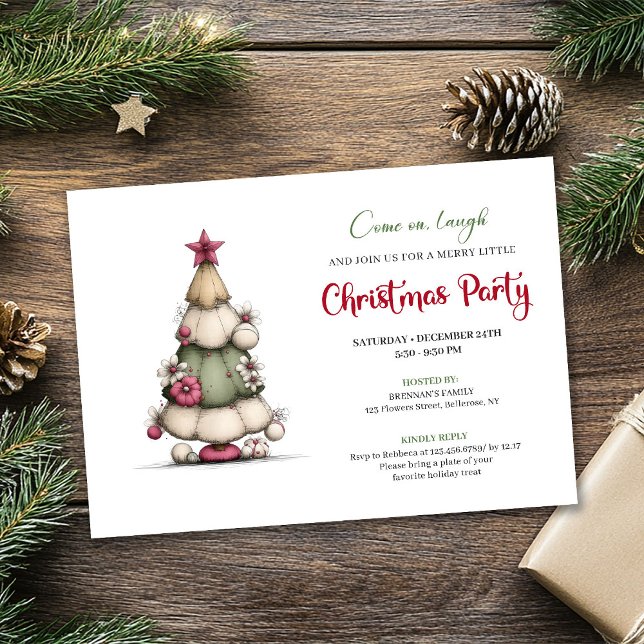 Whimsical tree red green festive party invitation (Whimsical tree red green festive party invitation)