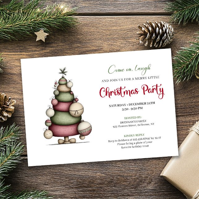 Whimsical tree red green minimalist holiday invite einladung (Whimsical tree red green minimalist holiday invite)
