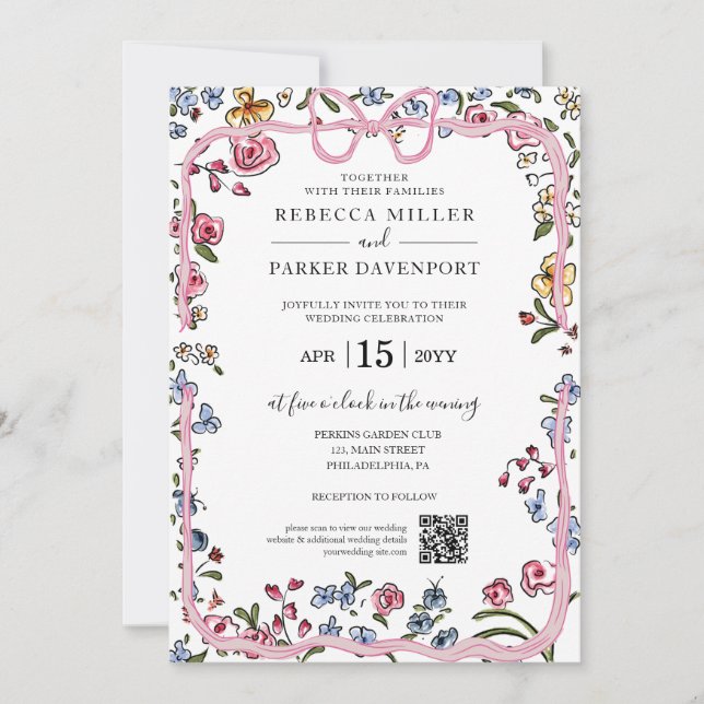 Whimsical trendy Wedding QR Code Foto Einladung (Vorderseite)