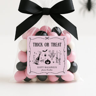 Whimsical Trick or treat , rosa Halloween Aufklebe Quadratischer Aufkleber