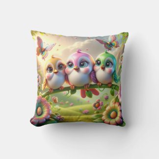 Whimsical Trio of Springtime Songbirds Kissen