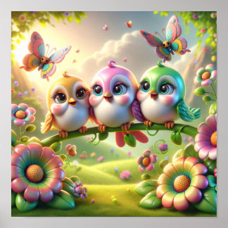 Whimsical Trio of Springtime Songbirds Poster