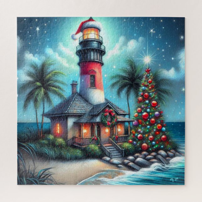 Whimsical Tropical Christmas Lighthouse Aquamarin  (Vertikal)