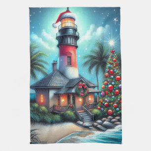 Whimsical Tropical Christmas Lighthouse Aquamarin Geschirrtuch