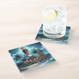 Whimsical Tropical Christmas Lighthouse Aquamarin Glasuntersetzer