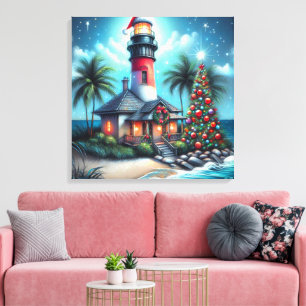 Whimsical Tropical Christmas Lighthouse Aquamarin Leinwanddruck