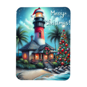 Whimsical Tropical Christmas Lighthouse Aquamarin Magnet